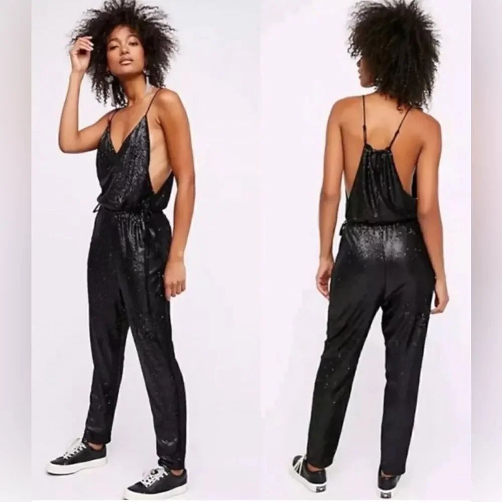 Free People Sequin Jumpsuit Black S